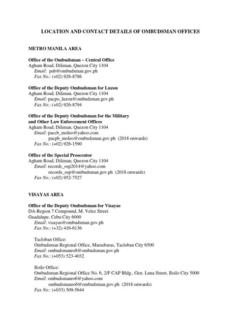 LOCATION AND CONTACT DETAILS OF OMBUDSMAN OFFICES.